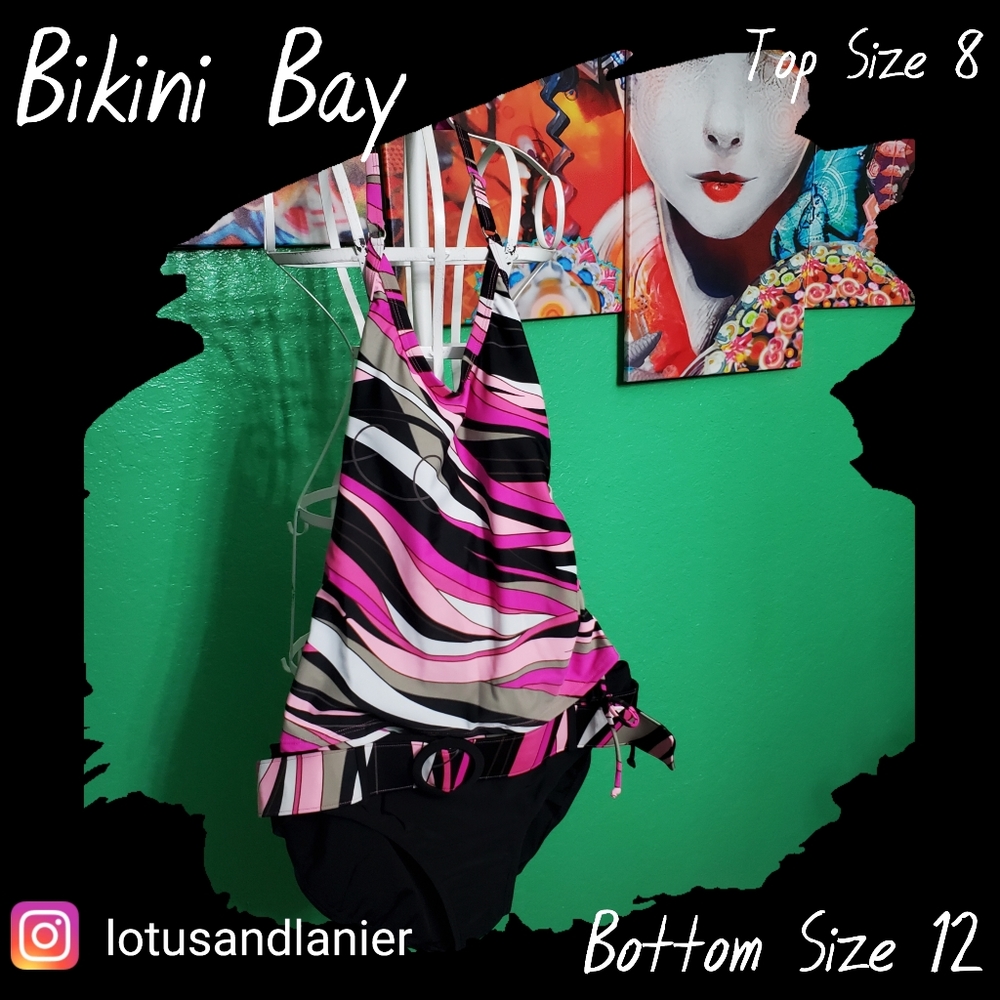 Bikini Bay Pink/ Black Tankini Halter Sz 8/ Bottoms Sz 12